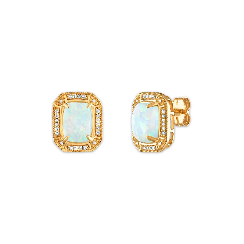 Women’s vintage-inspired earrings-LoveSong 8X6MM Cushion Opal and Diamond Halo Earrings in 10KT Yellow Gold