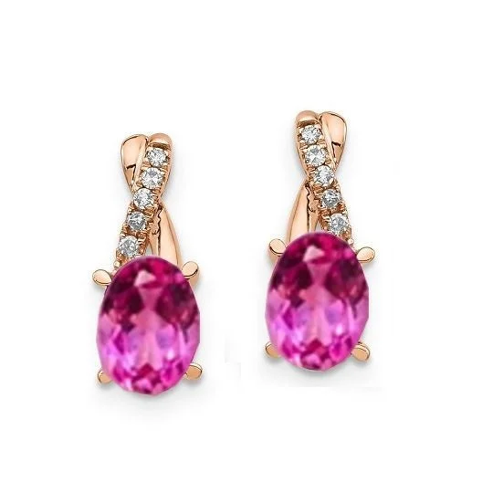 Women’s handmade earrings-7X5MM Oval Pink Sapphire and Diamond Birthstone Earrings in 10KT Rose Gold