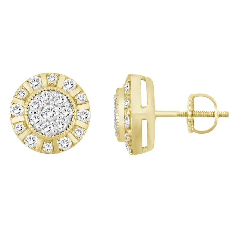 Women’s emerald cut earrings-LADIES STUD EARRINGS 1.00CT ROUND DIAMOND 10K YELLOW GOLD