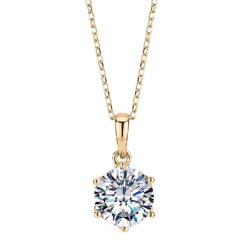 Women’s dainty necklace-Round Brilliant solitaire pendant with 1.28 carat* diamond simulant in 10 carat yellow gold