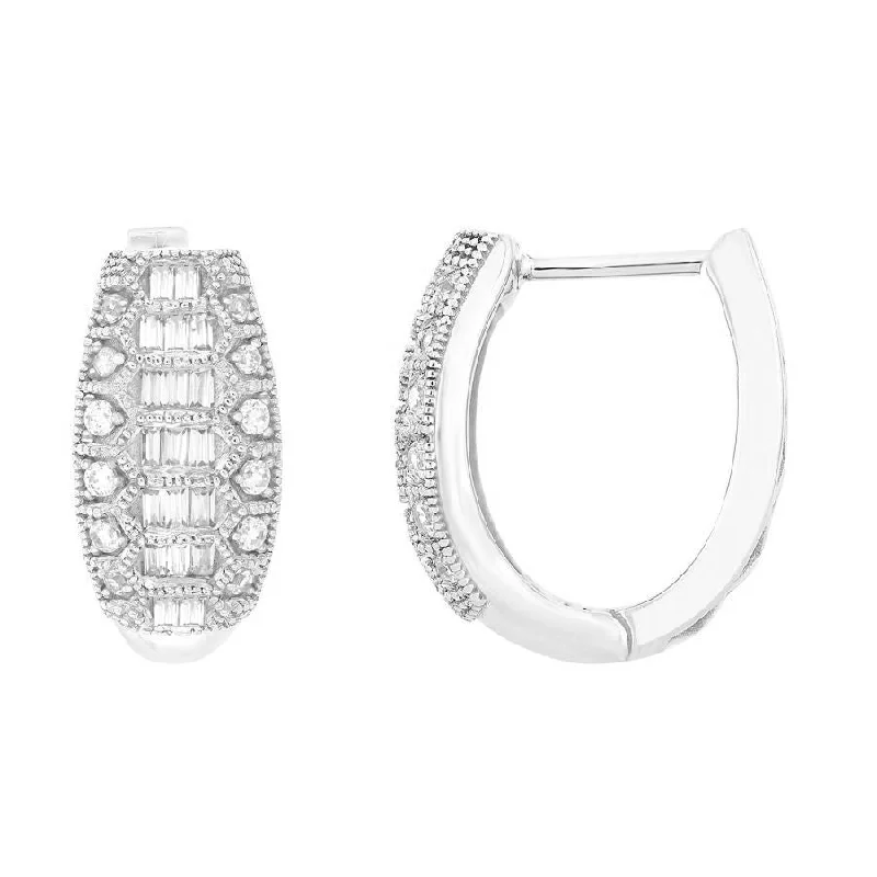 Women’s small gold earrings-LADIES HOOP EARRINGS 0.25CT ROUND/BAGUETTE DIAMOND 10K WHITE GOLD