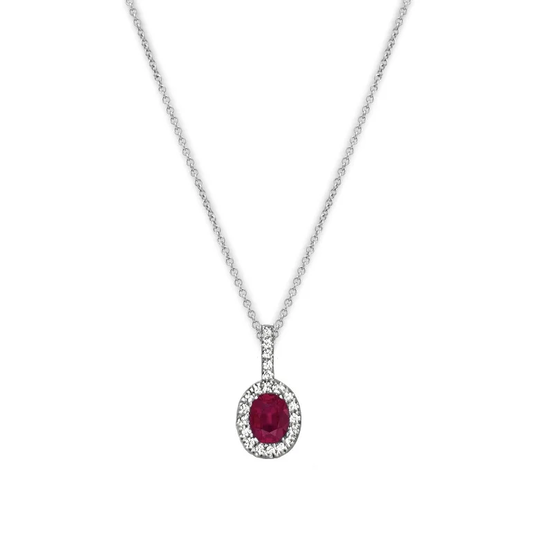 Women’s vintage necklace-Oval Ruby and Diamond Halo Pendant, 14K White Gold