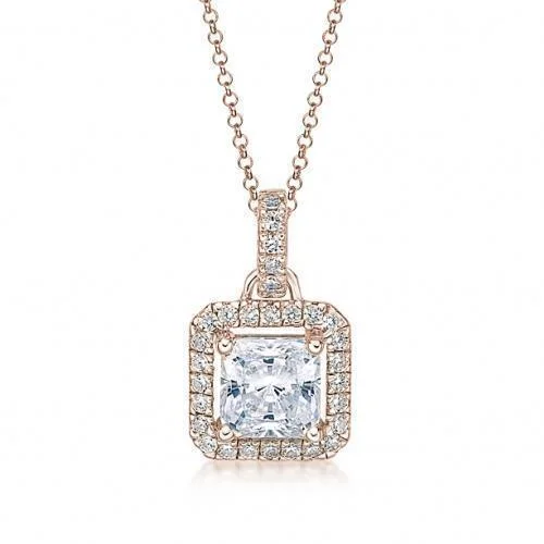 Women’s charm necklace-Halo pendant with 1.43 carats* of diamond simulants in 10 carat rose gold