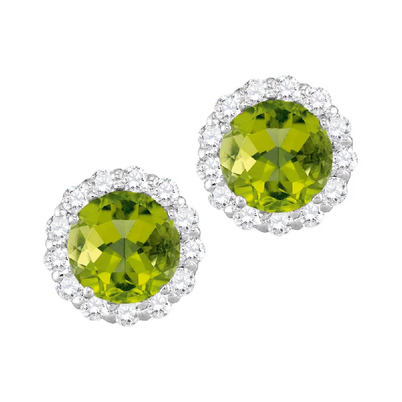 Women’s gold chandelier earrings-6MM Round Peridot and White Sapphire Birthstone Halo Stud Earrings in 10KT White Gold