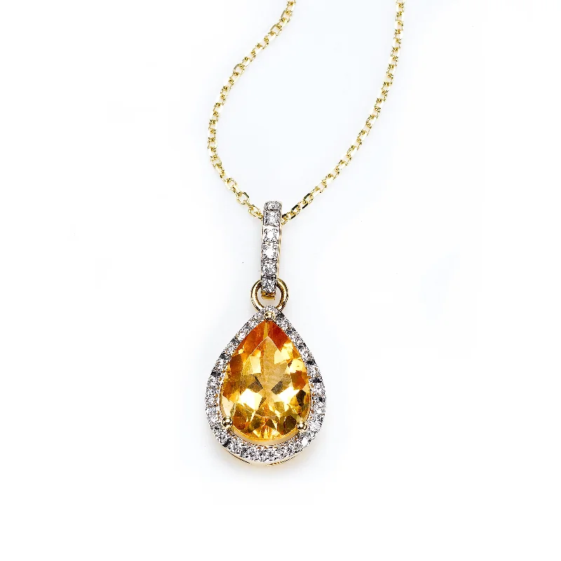 Women’s statement chain necklace-Pear Shape Citrine and Diamond Halo Pendant, 14K Yellow Gold