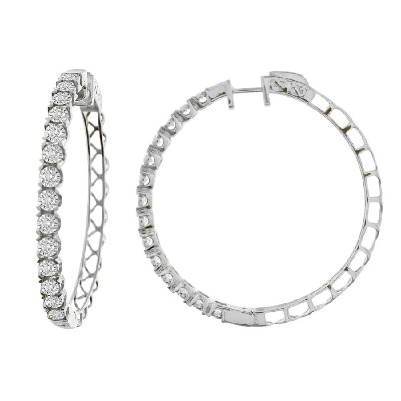 Women’s fashion earrings-LADIES HOOP EARRINGS 2.00CT ROUND DIAMOND 10K WHITE GOLD