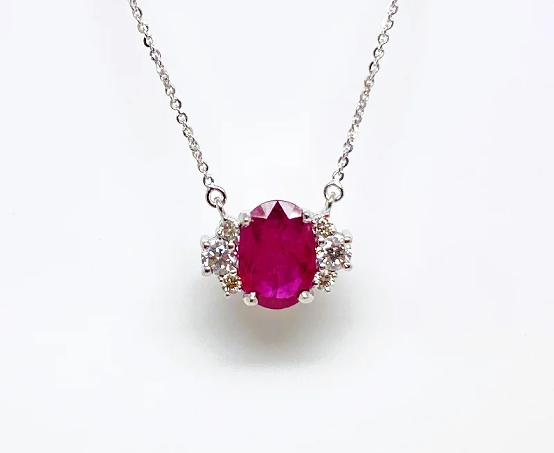 Women’s adjustable necklace-Oval Ruby And Diamond Pendant In 14k White Gold