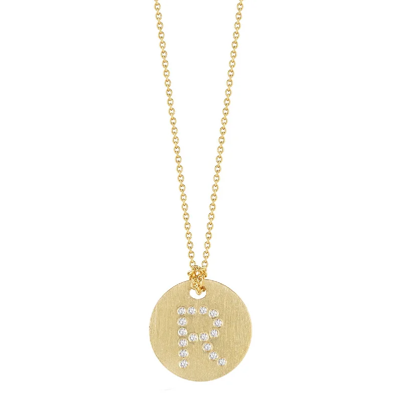 Women’s teardrop necklace-Disc Pendant with Diamond Initial R