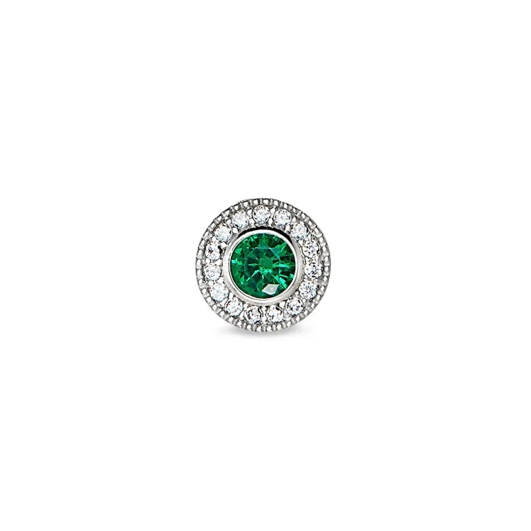 Women’s ruby stone engagement ring-Platinum Finish Sterling Silver Micropave Round Simulated Emerald Charm with Simulated Diamonds