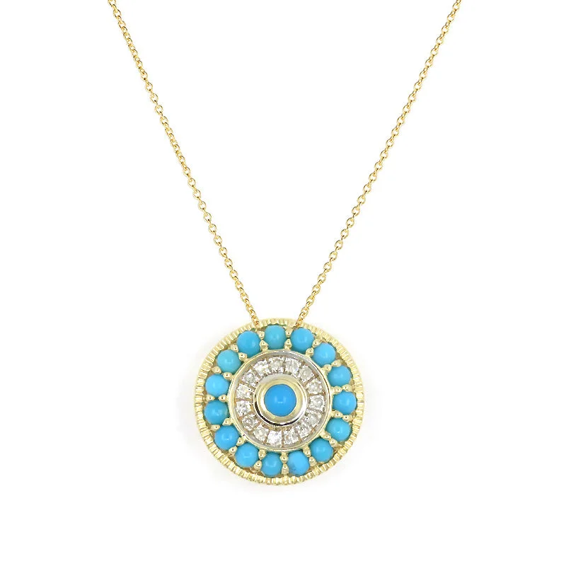 Women’s luxury necklace-Turquoise and Diamond Disc Pendant, 14K Yellow Gold