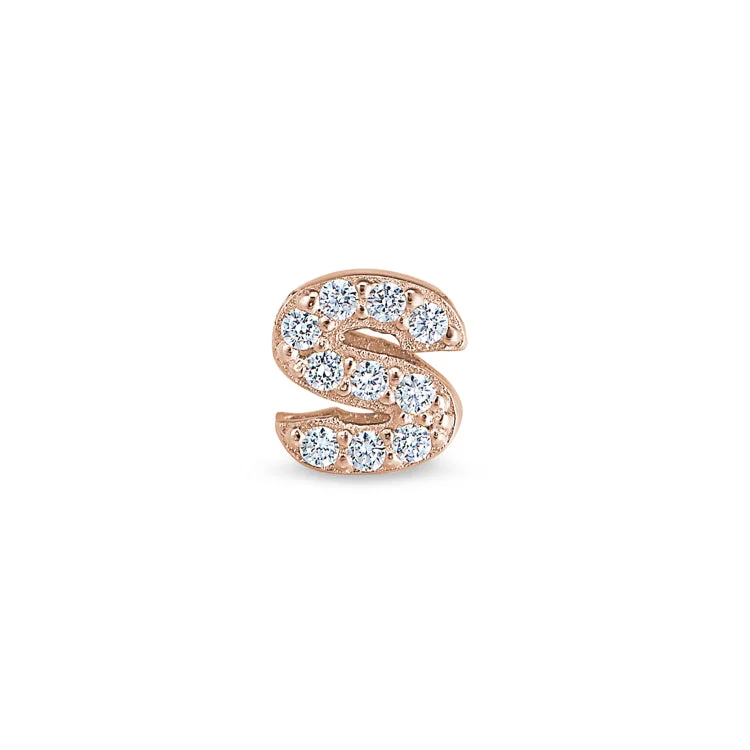 Women’s bridal engagement ring-Rose Gold Finish Sterling Silver Micropave S Initial Charm with Simulated Diamonds