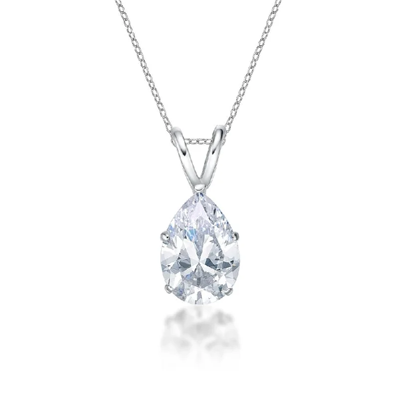 Women’s lotus necklace-Pear solitaire pendant with 2 carat* diamond simulant in 10 carat white gold