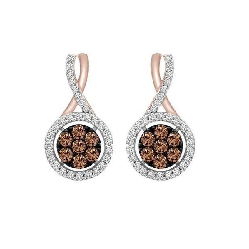 Women’s simple stud earrings-LADIES EARRINGS 0.75CT ROUND DARK BROWN DIAMOND 10K ROSE GOLD