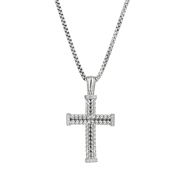 Women’s yellow gold engagement ring-Rhodium Finished Sterling Silver Braided Cross with Simulated Diamonds on all 4 Ends of Cross on 20" Rounded Box Chain