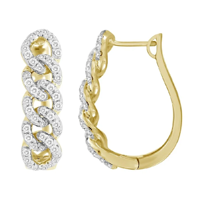 Women’s silver dangling earrings-LADIES HOOP EARRINGS 1.00CT ROUND DIAMOND 10K YELLOW GOLD