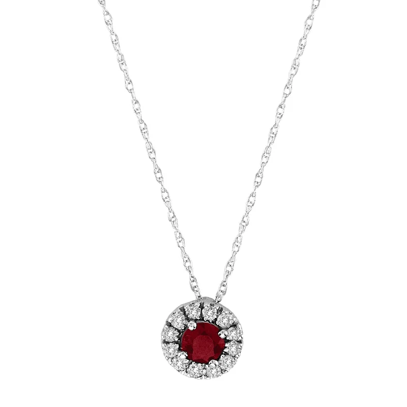 Women’s floral necklace-Round Ruby and Diamond Halo Pendant, 14K White Gold