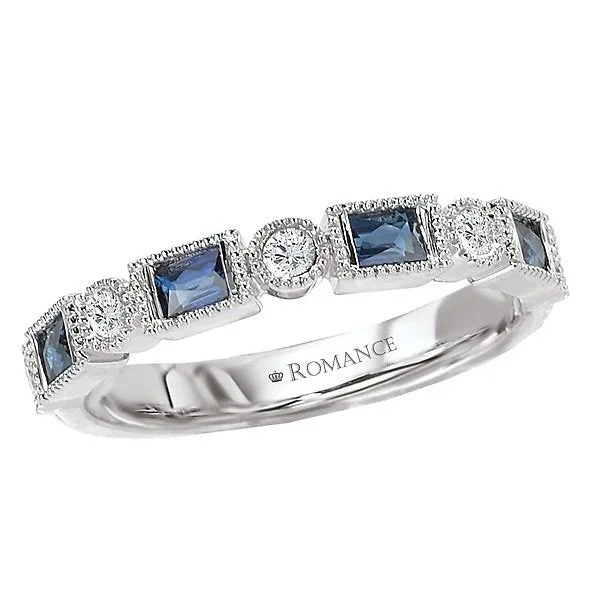 Women’s unique engagement ring-14KT WHITE GOLD 1/2 CTW SAPPHIRE & 1/10 CTW DIAMOND MILGRAIN BAND