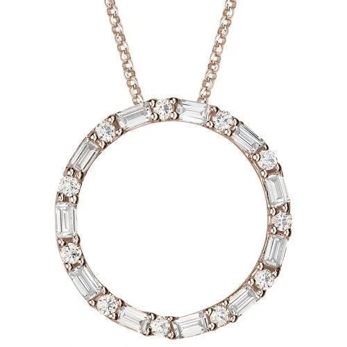 Women’s ruby necklace-Circle pendant with 0.77 carats* of diamond simulants in 10 carat rose gold