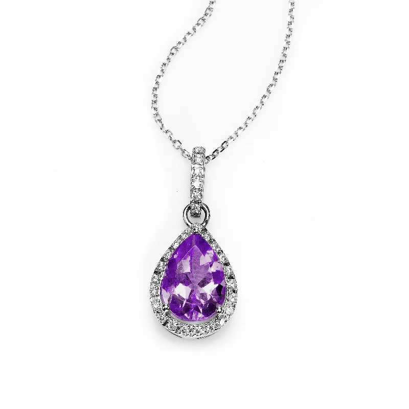 Women’s layered necklace-Pear Shape Amethyst and Diamond Halo Pendant, 14K White Gold