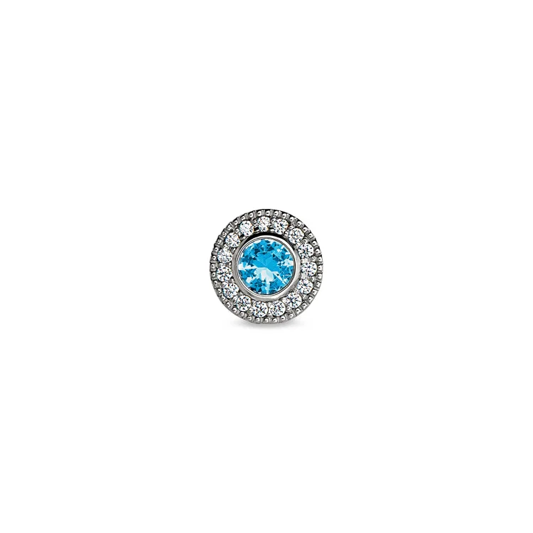 Women’s floral engagement ring-Platinum Finish Sterling Silver Micropave Round Simulated Blue Topaz Charm with Simulated Diamonds for BL2300B