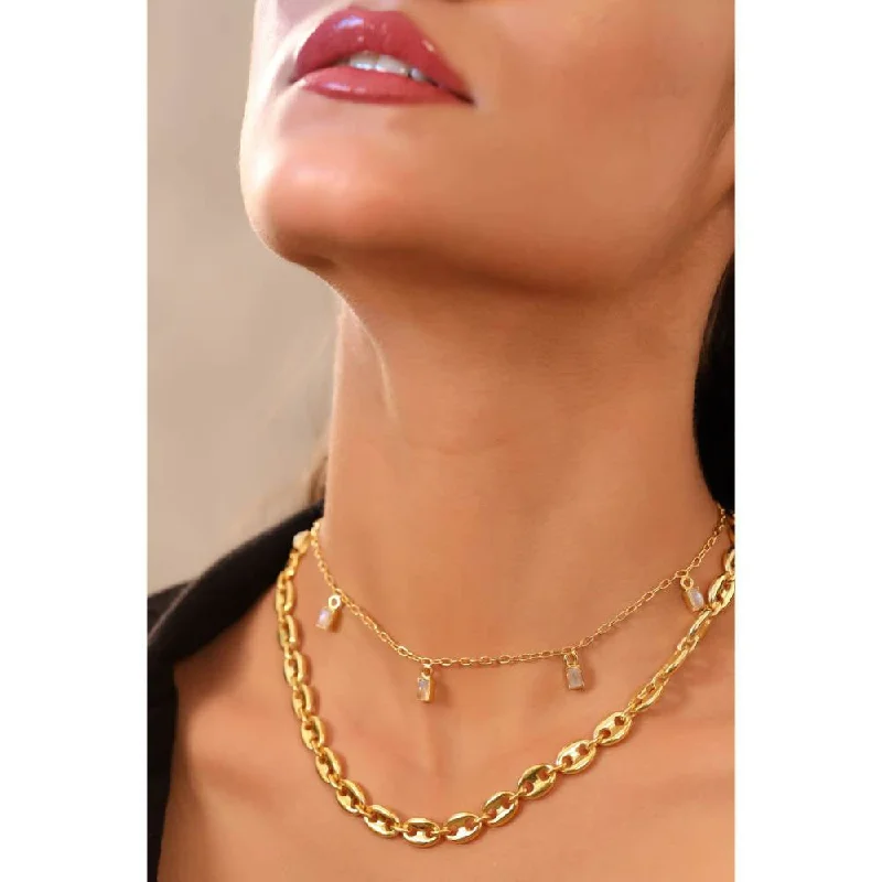 Women’s pearl and diamond necklace-Zurooh 18K Gold Plated Moonstone and Shell Link Chain Layering Set