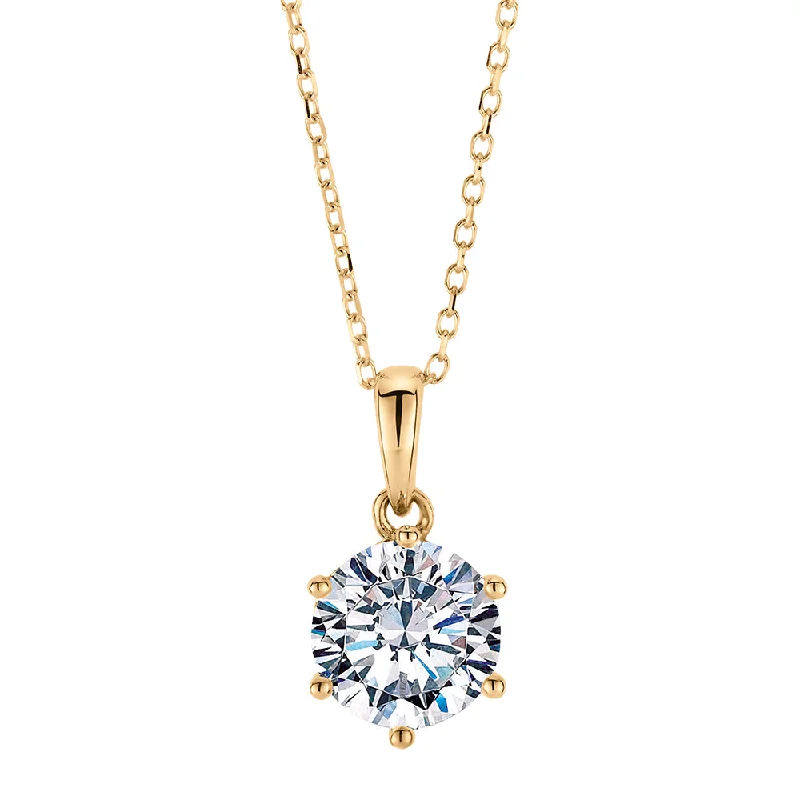 Women’s personalized necklace-Round Brilliant solitaire pendant with 1.28 carat* diamond simulant in 10 carat yellow gold