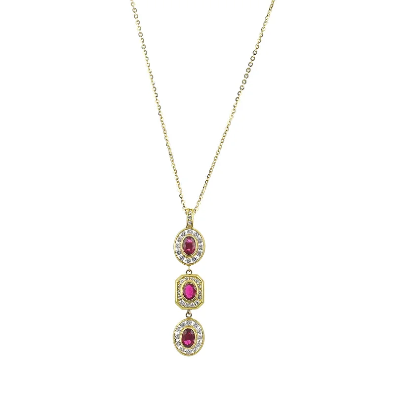 Women’s gold chain pendant necklace-18K Gold Ruby and Diamond Halo 3-Tiered Pendant