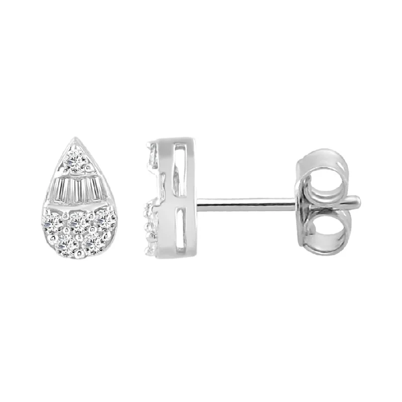 Women’s gold stud earrings-LADIES EARRINGS 0.33CT ROUND/BAGUETTE DIAMOND 14K WHITE GOLD (SI QUALITY)