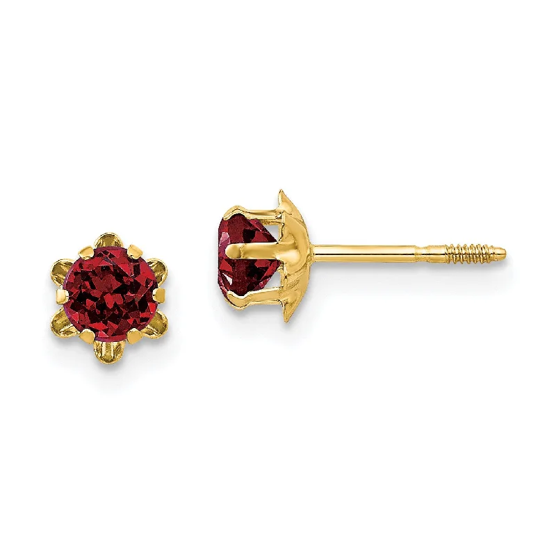 Women’s diamond earrings-4MM Round Garnet Birthstone Earrings in 14KT Yellow Gold