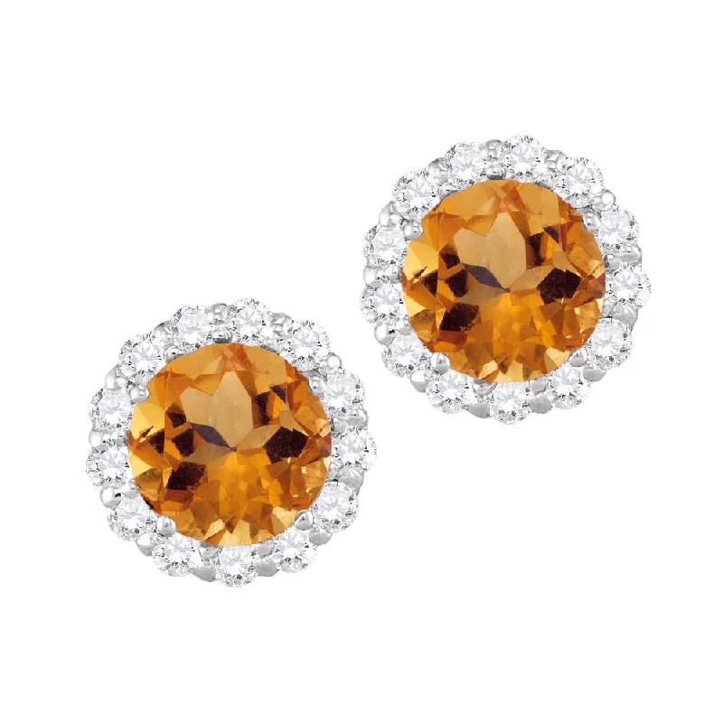 Women’s crystal drop earrings-6MM Round Citrine and White Sapphire Birthstone Halo Stud Earrings in 10KT White Gold