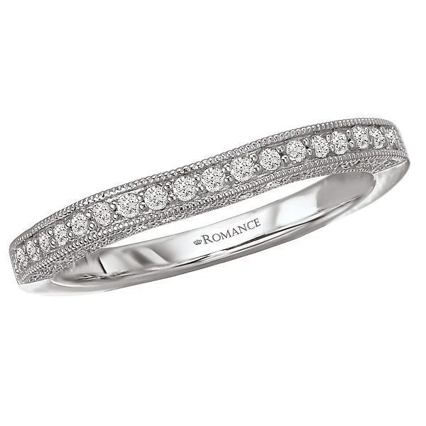 Women’s wide band engagement ring-14KT WHITE GOLD 1/4 CTW DIAMOND CURVED MILGRAIN BAND