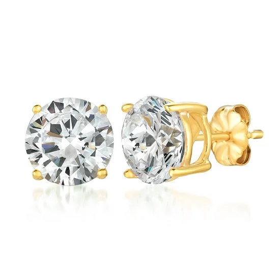 Women’s long drop earrings-Crislu 18KT Yellow Gold Plated Sterling Silver Round Cubic Zirconia Stud Earrings