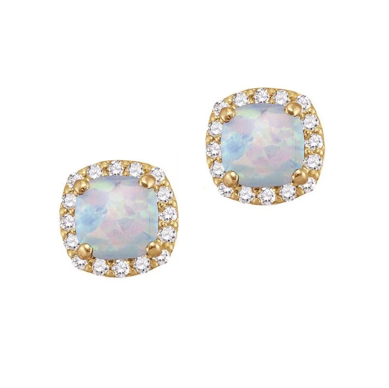 Women’s diamond hoop earrings-5MM Cushion Opal and White Sapphire Birthstone Halo Stud Earrings in 10KT Yellow Gold