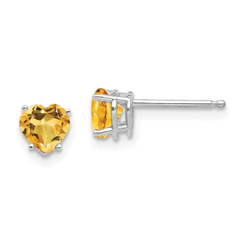 Women’s statement earrings-5MM Heart Shape Citrine Stud Earrings in 14KT White Gold