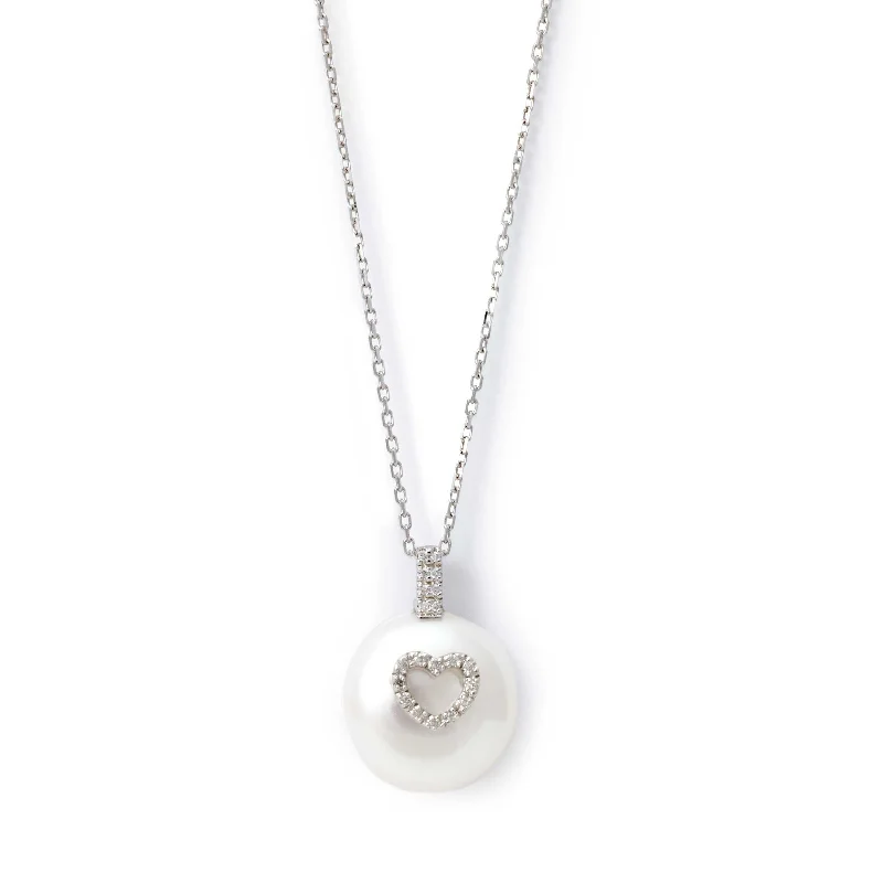 Women’s dainty necklace-Coin Pearl with Diamond Heart Pendant, Sterling Silver