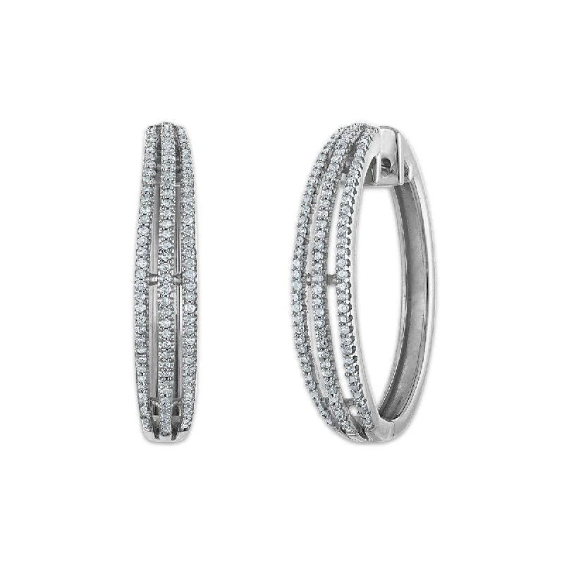 Women’s double drop earrings-1/2 CTW Diamond Hoop Earrings in Rhodium Plated Sterling Silver