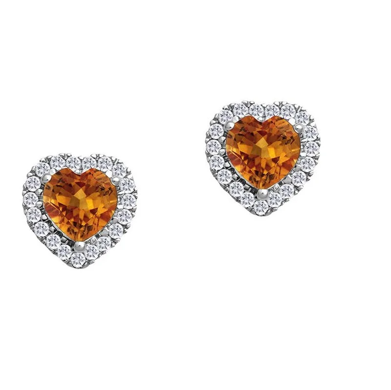 Women’s small earrings-5MM Heart Shape Citrine and White Sapphire Birthstone Halo Stud Earrings in 10KT White Gold