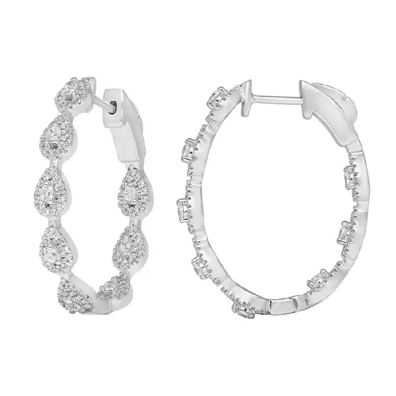 Women’s casual earrings-LADIES HOOP EARRINGS 1.00CT ROUND DIAMOND 14K WHITE GOLD