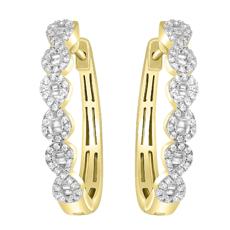 Women’s sapphire earrings-LADIES HOOP EARRINGS 0.75CT ROUND/BAGUETTE DIAMOND 10K YELLOW GOLD