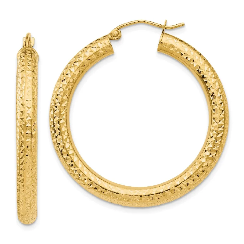 Women’s twisted hoop earrings-14KT Yellow Gold 35X4MM Diamond-cut Hoop Earrings