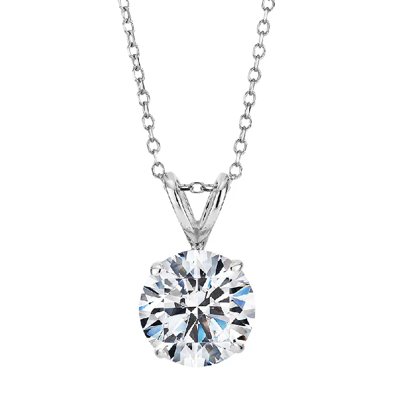 Women’s classic pearl necklace-Round Brilliant solitaire pendant with 2 carat* diamond simulant in 10 carat white gold