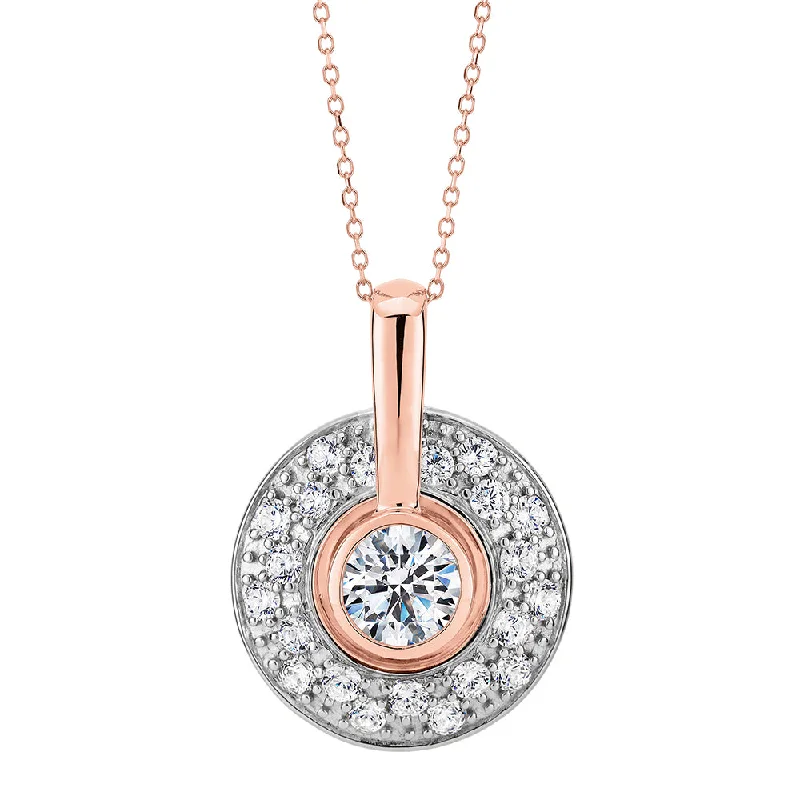 Women’s gold pendant necklace-Halo pendant with 1.75 carats* of diamond simulants in 10 carat rose gold and sterling silver