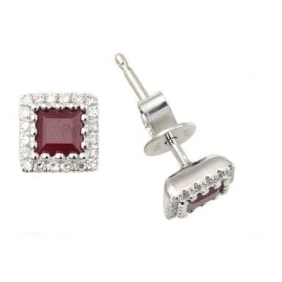 Women’s zodiac earrings-3.6MM Square Ruby and Diamond Halo Stud Earrings in 14KT White Gold