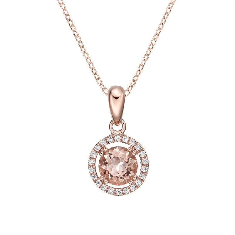 Women’s classic pearl necklace-Halo pendant with morganite simulant and 1.13 carats* of diamond simulants in 10 carat rose gold