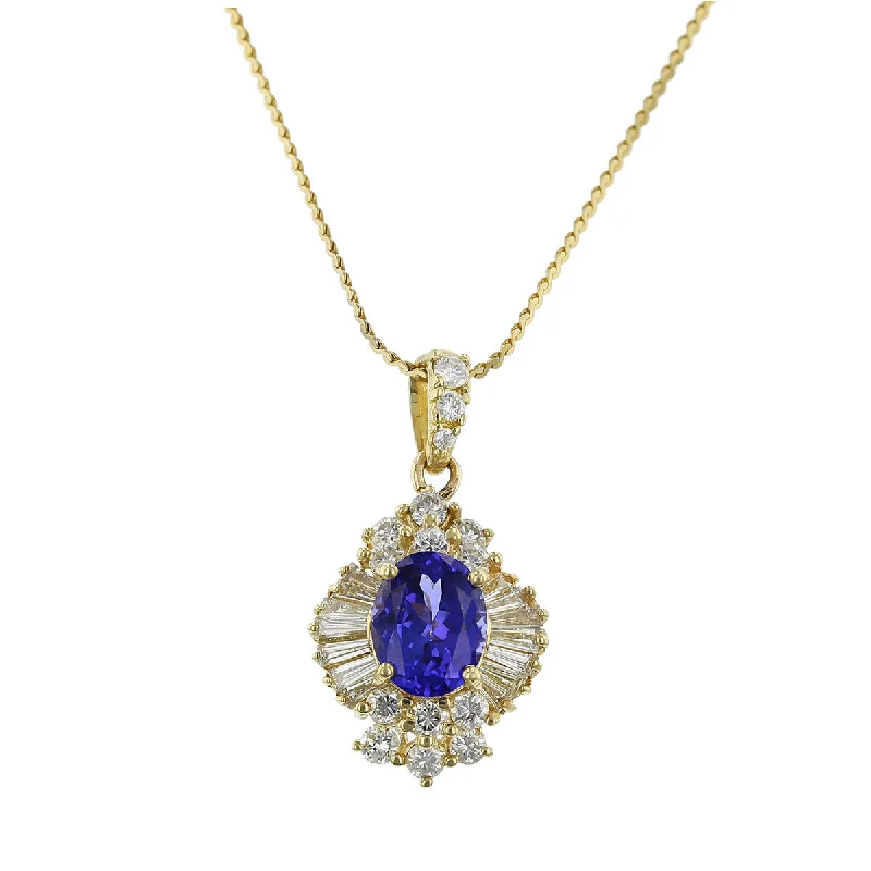 Women’s luxury gemstone necklace-14K Yellow Gold Purple Tanzanite and Diamond Halo Pendant