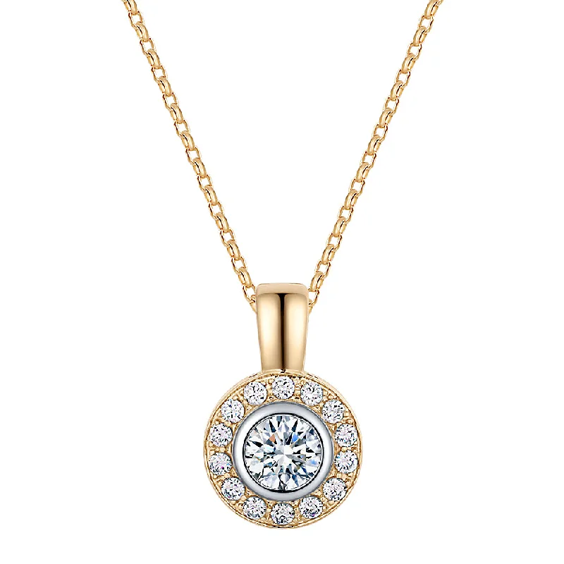 Women’s cubic zirconia necklace-Halo pendant with 1.45 carats* of diamond simulants in 10 carat yellow and white gold