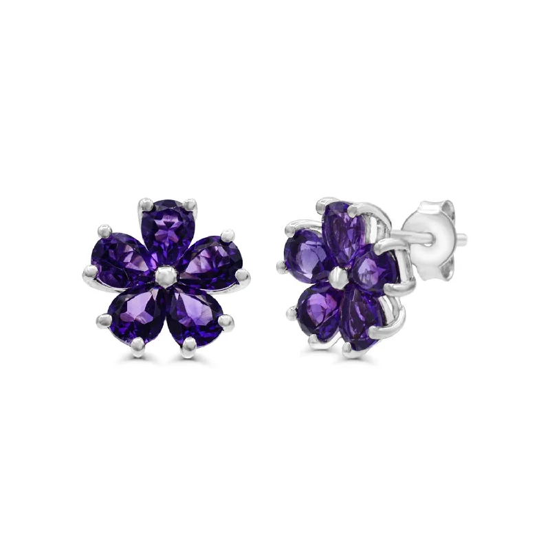 Women’s long drop earrings-Amethyst Flower Stud Earrings in Sterling Silver