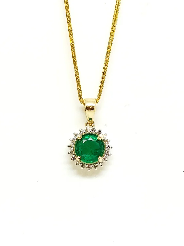 Women’s simple necklace-Emerald And Diamond Halo Pendant In 14k Yellow Gold