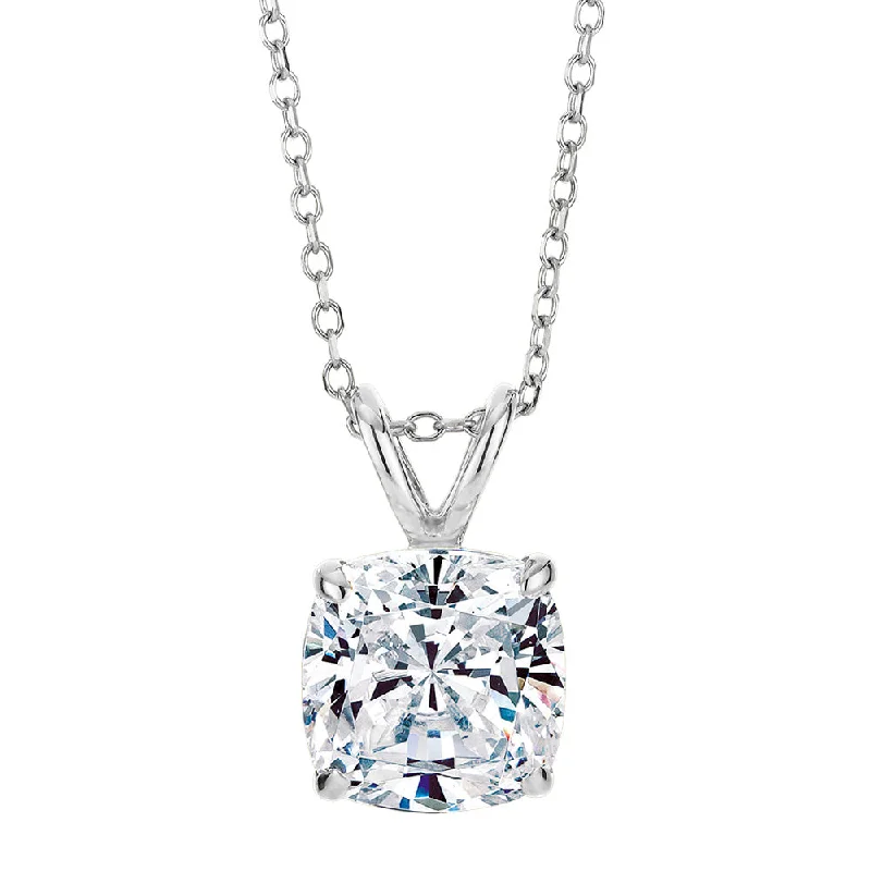 Women’s infinity necklace-Cushion solitaire pendant with 2 carat* diamond simulant in 10 carat white gold