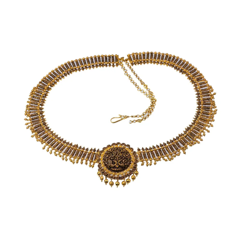 Women’s zodiac necklace-22K Yellow Gold Antique Beaded Vaddanam Waist Belt W/ Adjustable Gold Chain Belt, 155.5gm